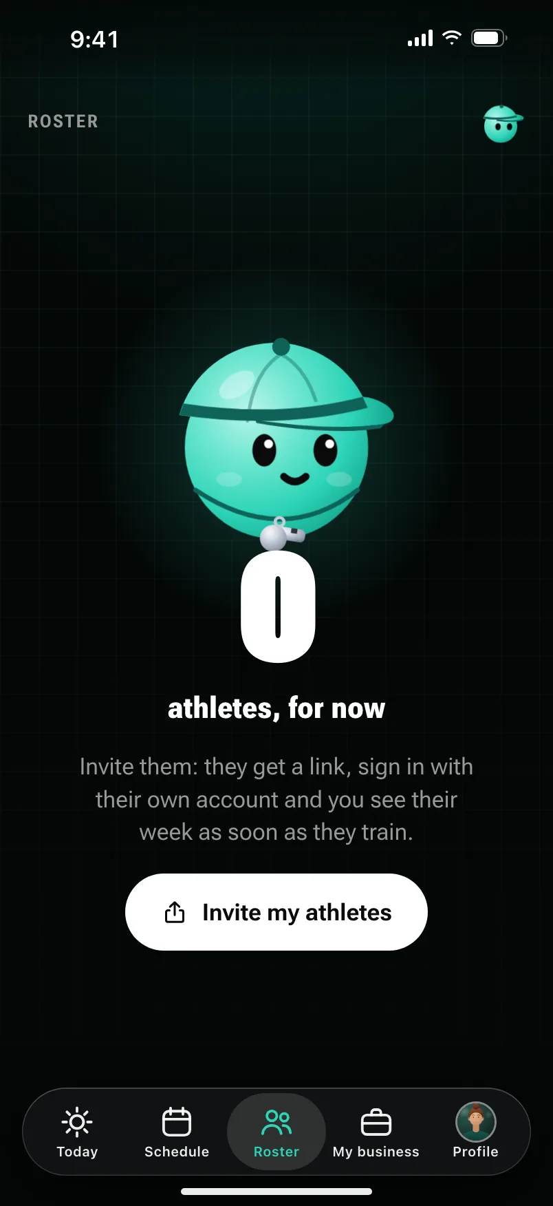 A coach’s first time: “0 athletes, for now,” with a line saying each athlete gets a link, and the Invite my athletes button.