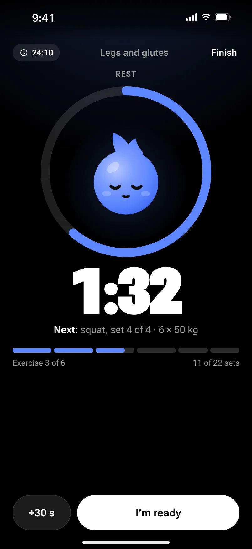 The rest: 1:32 in a ring that counts down, with what’s next (squat, set 4 of 4, 6 reps at 50 kilos).