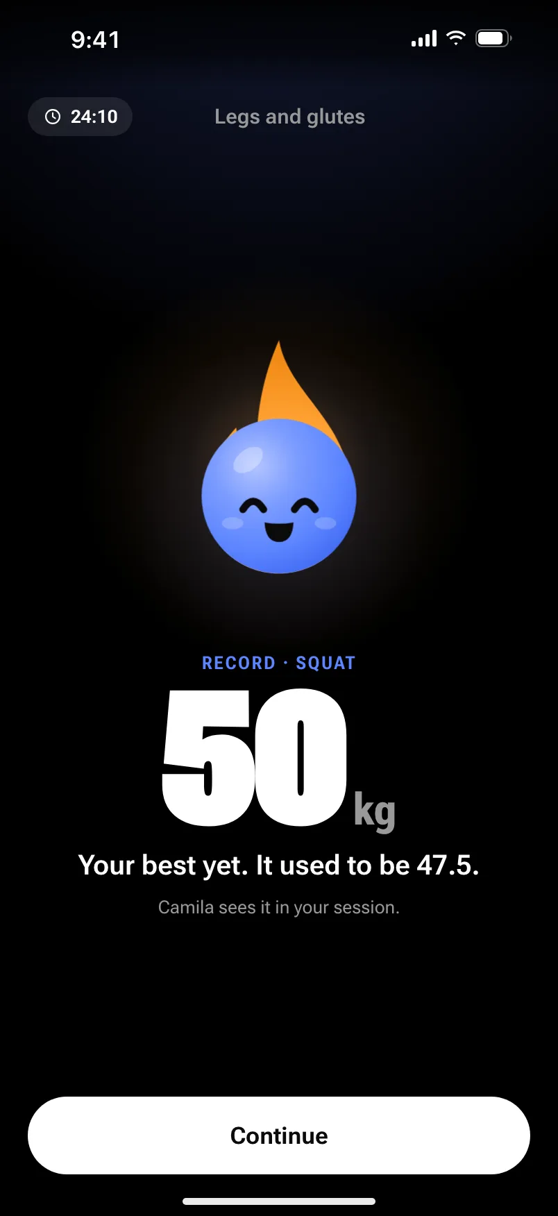 Squat record: 50 kilos, their best; it used to be 47.5. Their coach sees it in their session.