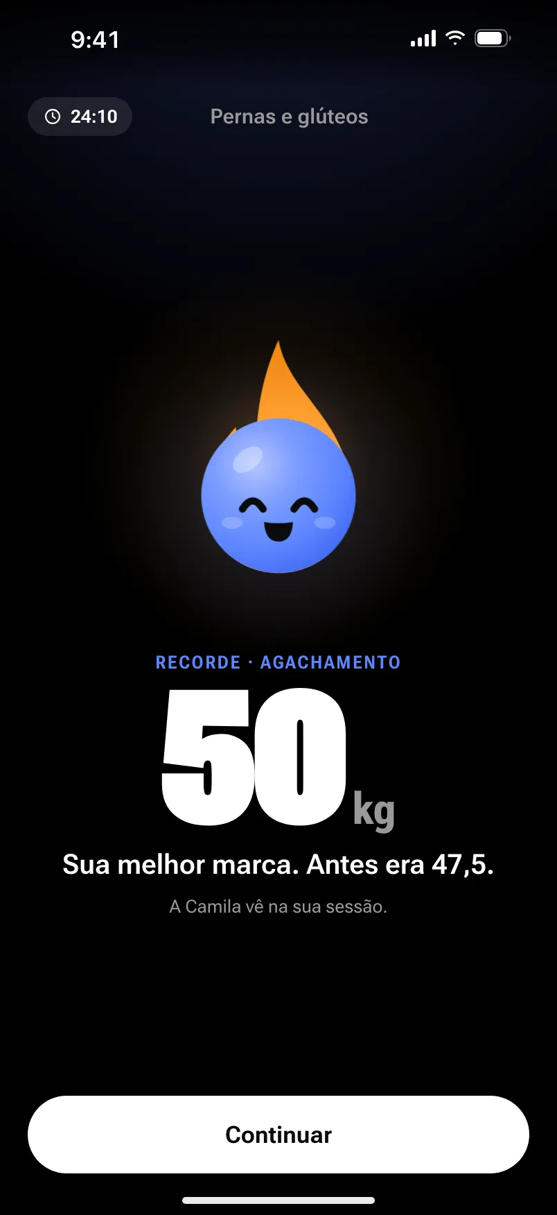 Recorde no agachamento: 50 quilos, sua melhor marca; antes era 47,5. O coach vê isso na sessão.
